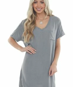 143 Story Dresses Steel Chest Pocket Woven Tee Shirt Dress