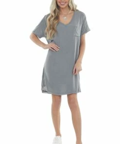 143 Story Dresses Steel Chest Pocket Woven Tee Shirt Dress