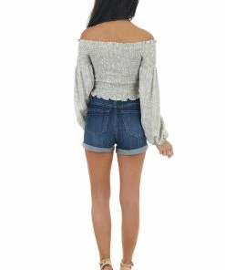 Illa Illa Steel Grey And Ivory Printed Smocked Off The Shoulder Blouse Tops