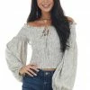 Illa Illa Steel Grey And Ivory Printed Smocked Off The Shoulder Blouse Tops