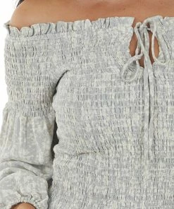 Illa Illa Steel Grey And Ivory Printed Smocked Off The Shoulder Blouse Tops