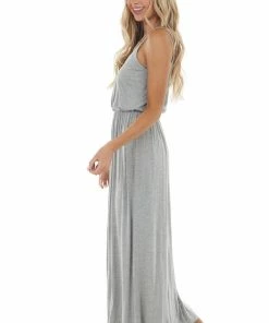 Lush Clothing Dresses Steel Grey Blouson Stretchy Knit Sleeveless Maxi Dress
