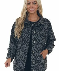 143 Story Steel Grey Leopard Print Fuzzy Shirt Jacket Tops