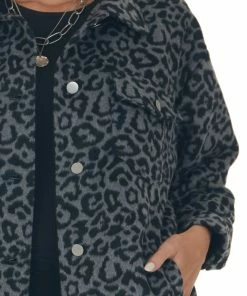143 Story Steel Grey Leopard Print Fuzzy Shirt Jacket Tops