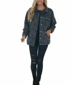 143 Story Steel Grey Leopard Print Fuzzy Shirt Jacket Tops