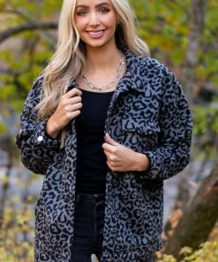 143 Story Steel Grey Leopard Print Fuzzy Shirt Jacket Tops