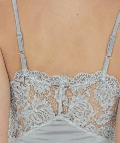 POL Clothing Steel Grey Sleeveless Cami Top With Floral Lace Bust And Hem