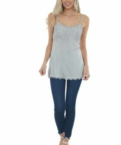 POL Clothing Steel Grey Sleeveless Cami Top With Floral Lace Bust And Hem