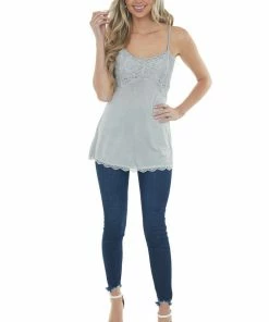 POL Clothing Steel Grey Sleeveless Cami Top With Floral Lace Bust And Hem