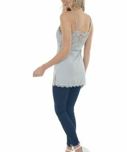 POL Clothing Steel Grey Sleeveless Cami Top With Floral Lace Bust And Hem