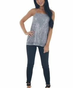 143 Story Steel Sequin Square Neck Adjustable Strap Tank Tops