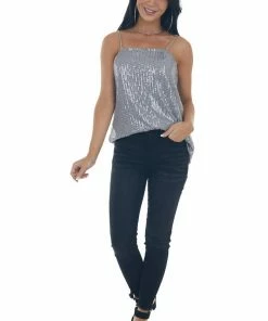 143 Story Steel Sequin Square Neck Adjustable Strap Tank Tops