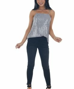143 Story Steel Sequin Square Neck Adjustable Strap Tank Tops