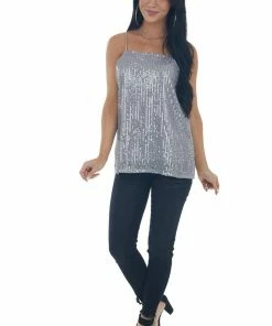 143 Story Steel Sequin Square Neck Adjustable Strap Tank Tops