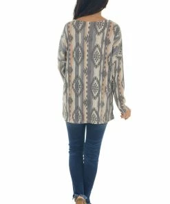 Lovely Melody Tops Stone Grey Aztec Print Long Sleeve Tunic Top 21 Lovely Melody Tops Stone Grey Aztec Print Long Sleeve Tunic Top