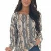 Lovely Melody Tops Stone Grey Aztec Print Long Sleeve Tunic Top