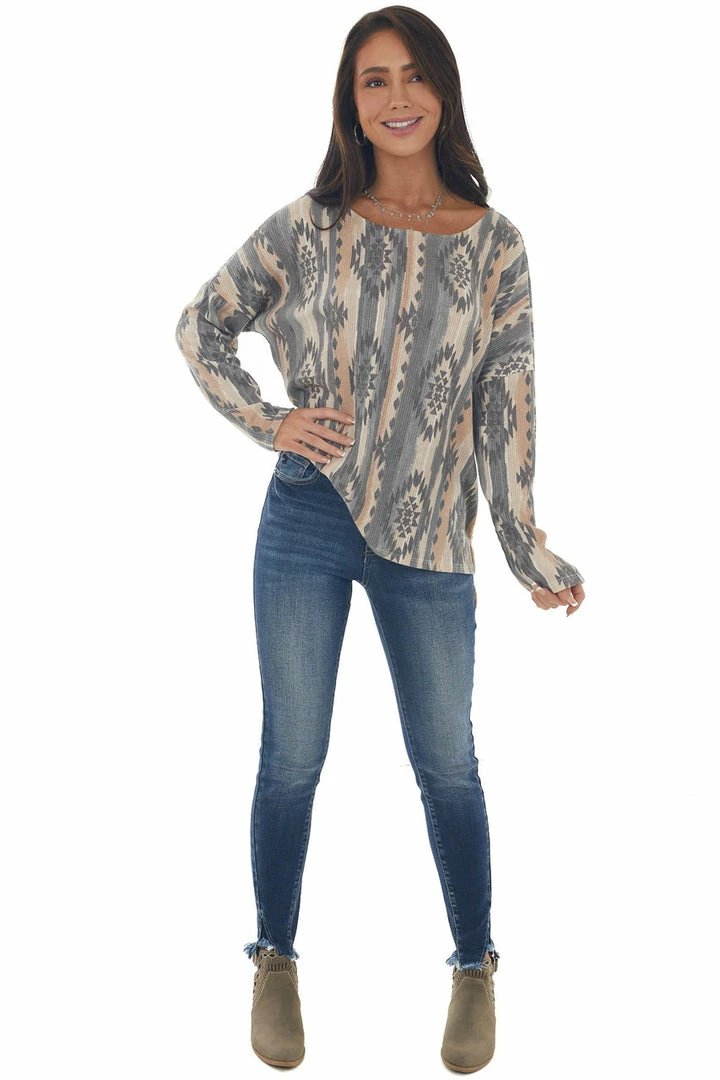 Lovely Melody Tops Stone Grey Aztec Print Long Sleeve Tunic Top 6 Lovely Melody Tops Stone Grey Aztec Print Long Sleeve Tunic Top