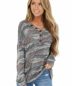 143 Story Stone Grey Camo Henley Waffle Knit Top With Long Sleeves