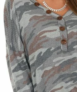 143 Story Stone Grey Camo Henley Waffle Knit Top With Long Sleeves