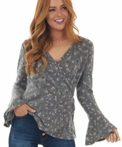143 Story Stone Grey Ditsy Floral Surplice Soft Knit Top Tops