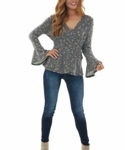 143 Story Stone Grey Ditsy Floral Surplice Soft Knit Top Tops