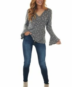 143 Story Stone Grey Ditsy Floral Surplice Soft Knit Top Tops