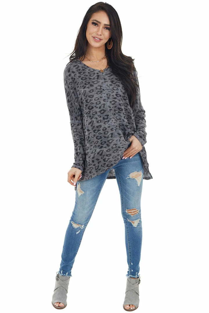 Hailey & Co Stone Grey Leopard Print Oversized Top With Long Sleeves 4 Hailey & Co Stone Grey Leopard Print Oversized Top With Long Sleeves