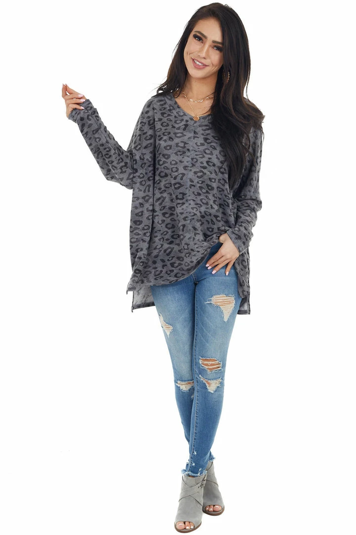 Hailey & Co Stone Grey Leopard Print Oversized Top With Long Sleeves 6 Hailey & Co Stone Grey Leopard Print Oversized Top With Long Sleeves