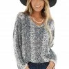 Hailey & Co Stone Grey Long Sleeve Snake Print Top With Raw Seam Details 1 Hailey & Co Stone Grey Long Sleeve Snake Print Top With Raw Seam Details