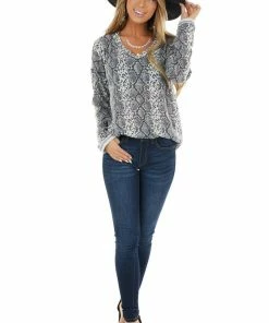 Hailey & Co Stone Grey Long Sleeve Snake Print Top With Raw Seam Details