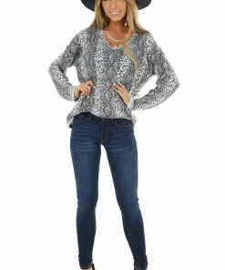 Hailey & Co Stone Grey Long Sleeve Snake Print Top With Raw Seam Details