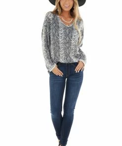 Hailey & Co Stone Grey Long Sleeve Snake Print Top With Raw Seam Details