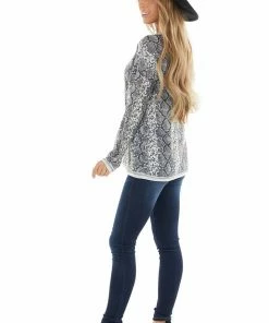 Hailey & Co Stone Grey Long Sleeve Snake Print Top With Raw Seam Details