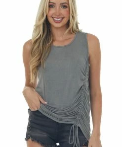 Vanilla Bay Stone Grey Ruched Side Stretchy Knit Tank Top Tops