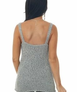 Staccato Stone Grey Textured Sweater Knit Tank Top With V Neckline Tops