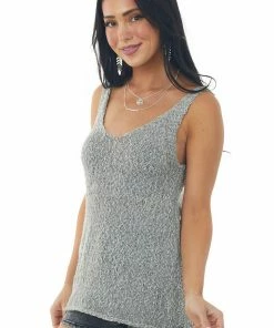 Staccato Stone Grey Textured Sweater Knit Tank Top With V Neckline Tops