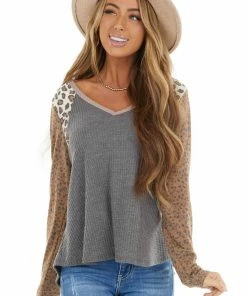 12PM Tops Stone Multiprint Waffle Knit Top With Leopard Long Sleeves