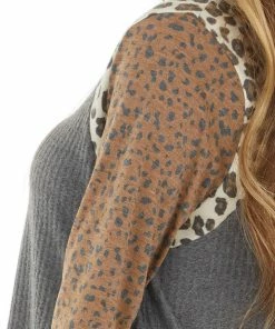 12PM Tops Stone Multiprint Waffle Knit Top With Leopard Long Sleeves
