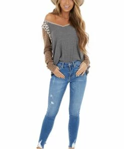 12PM Tops Stone Multiprint Waffle Knit Top With Leopard Long Sleeves