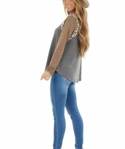 12PM Tops Stone Multiprint Waffle Knit Top With Leopard Long Sleeves