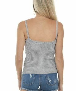 Listicle Tops Stone Thick Ribbed Knit Pointelle Tank Top