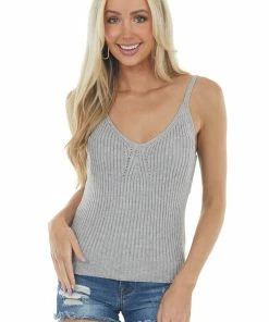 Listicle Tops Stone Thick Ribbed Knit Pointelle Tank Top