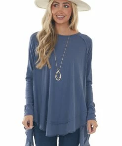 Easel Stormy Blue Handkerchief Hem Reverse Seam Top Tops