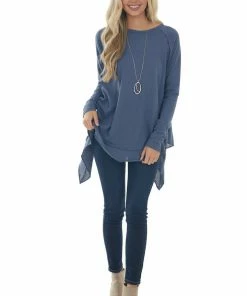 Easel Stormy Blue Handkerchief Hem Reverse Seam Top Tops