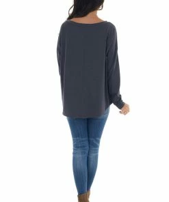 143 Story Stormy Blue Lightweight Stretchy Knit Top With Long Sleeves