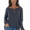 143 Story Stormy Blue Lightweight Stretchy Knit Top With Long Sleeves