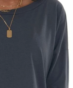 143 Story Stormy Blue Lightweight Stretchy Knit Top With Long Sleeves