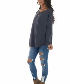 143 Story Stormy Blue Lightweight Stretchy Knit Top With Long Sleeves