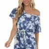 LE FEMME FASHION Stormy Blue Tie Dye Short Sleeve Knit Romper With Front Tie
