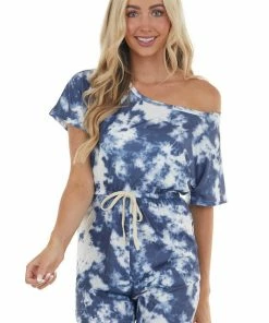 LE FEMME FASHION Stormy Blue Tie Dye Short Sleeve Knit Romper With Front Tie